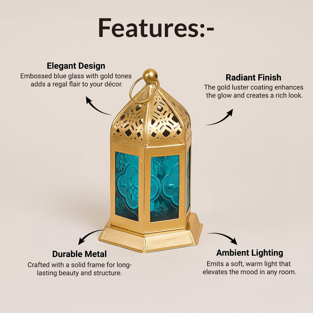 MARKET 99 Moroccan Lantern Candle Holder | Metal & Glass Tealight Lantern | Golden & Blue Decorative Lamp | Home Décor for Living Room, Table & Dinner Setup | (Use LED T-Light only)