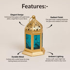 MARKET 99 Moroccan Lantern Candle Holder | Metal & Glass Tealight Lantern | Golden & Blue Decorative Lamp | Home Décor for Living Room, Table & Dinner Setup | (Use LED T-Light only)