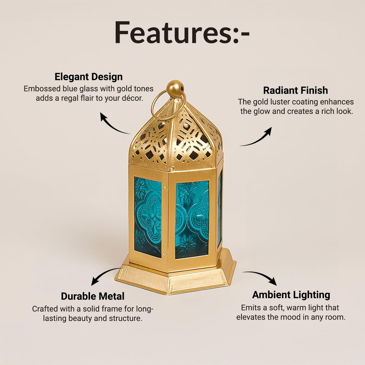 MARKET 99 Moroccan Lantern Candle Holder | Metal & Glass Tealight Lantern | Golden & Blue Decorative Lamp | Home Décor for Living Room, Table & Dinner Setup | (Use LED T-Light only)