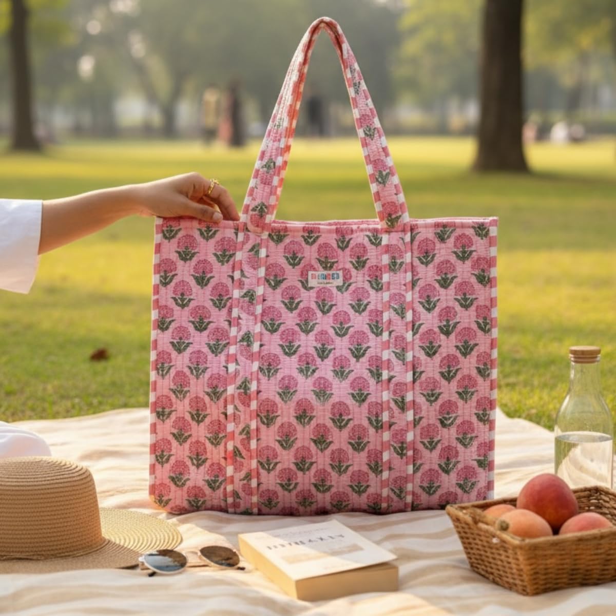PShomes Large Cotton Tote Bag 18x18 Inches – 100% Cotton Shoulder Bag with Inner Pocket | Reusable Eco-Friendly Carry Bag for Laptop, Shopping, Travel & Daily Use (Pink-ROSES)
