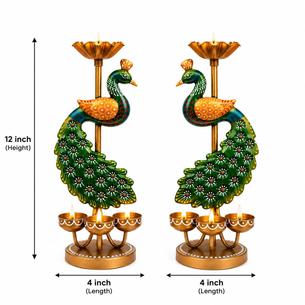 Pranjals House Peacock Tealight Candle Holder, 12 inch, Set of 2