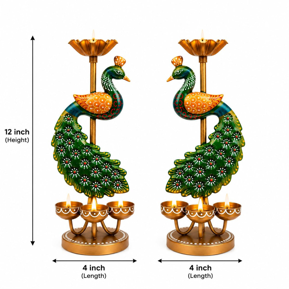Pranjals House Peacock Tealight Candle Holder, 12 inch, Set of 2