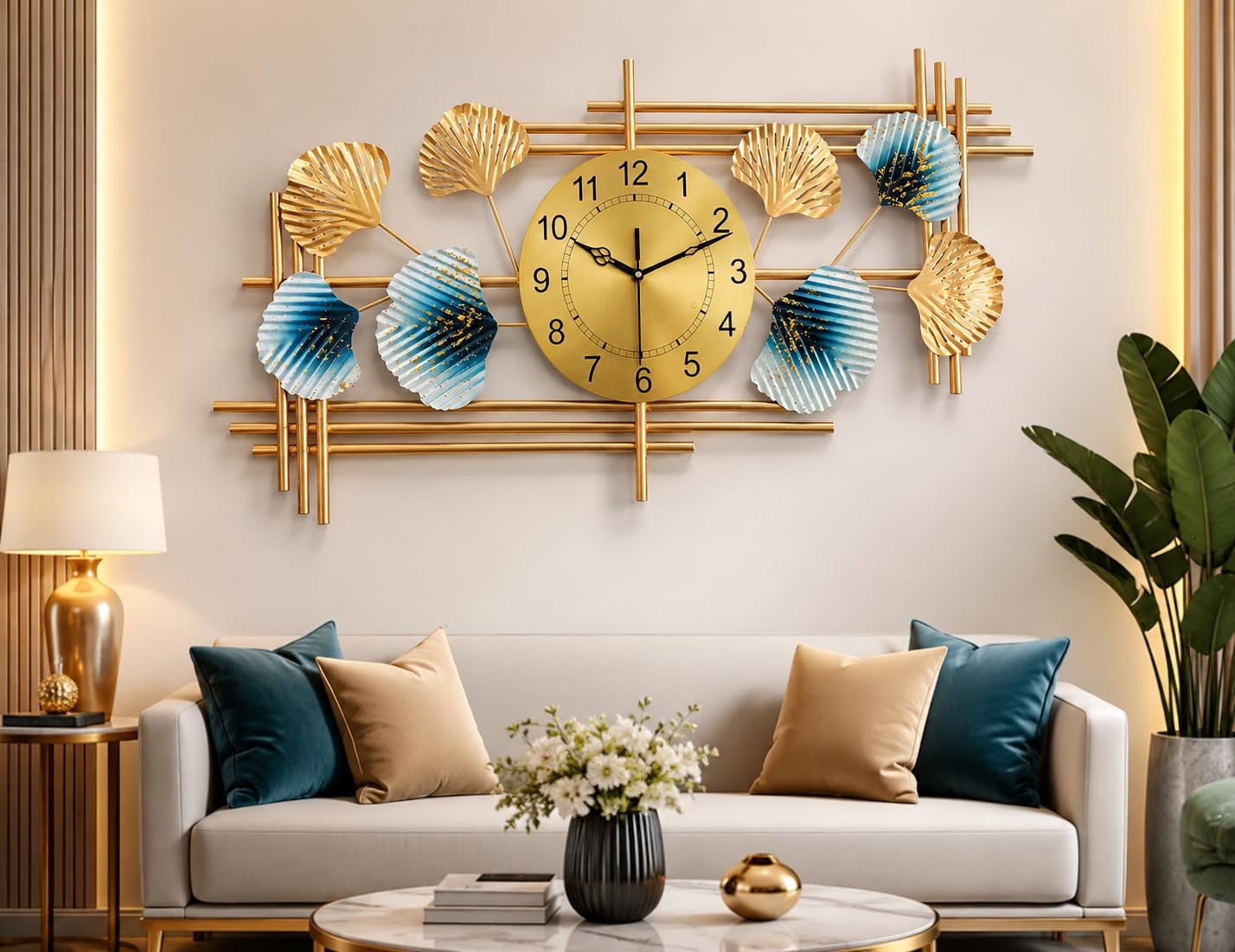 Mahira Artefacts Large Metal Wall Clock with Blue and Gold Leaf Art, Silent Quartz Movement, Modern Luxury Style