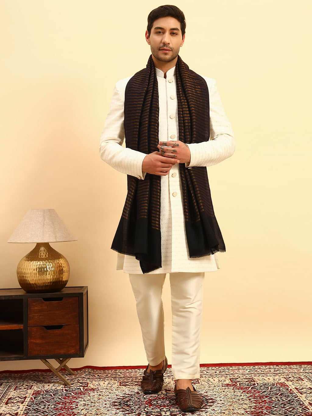 Pashmoda Men Golden Eclipse Reversible Zari Moonlight Fine Wool Stole (Size-28x80in, 71x203cm) MZSST03