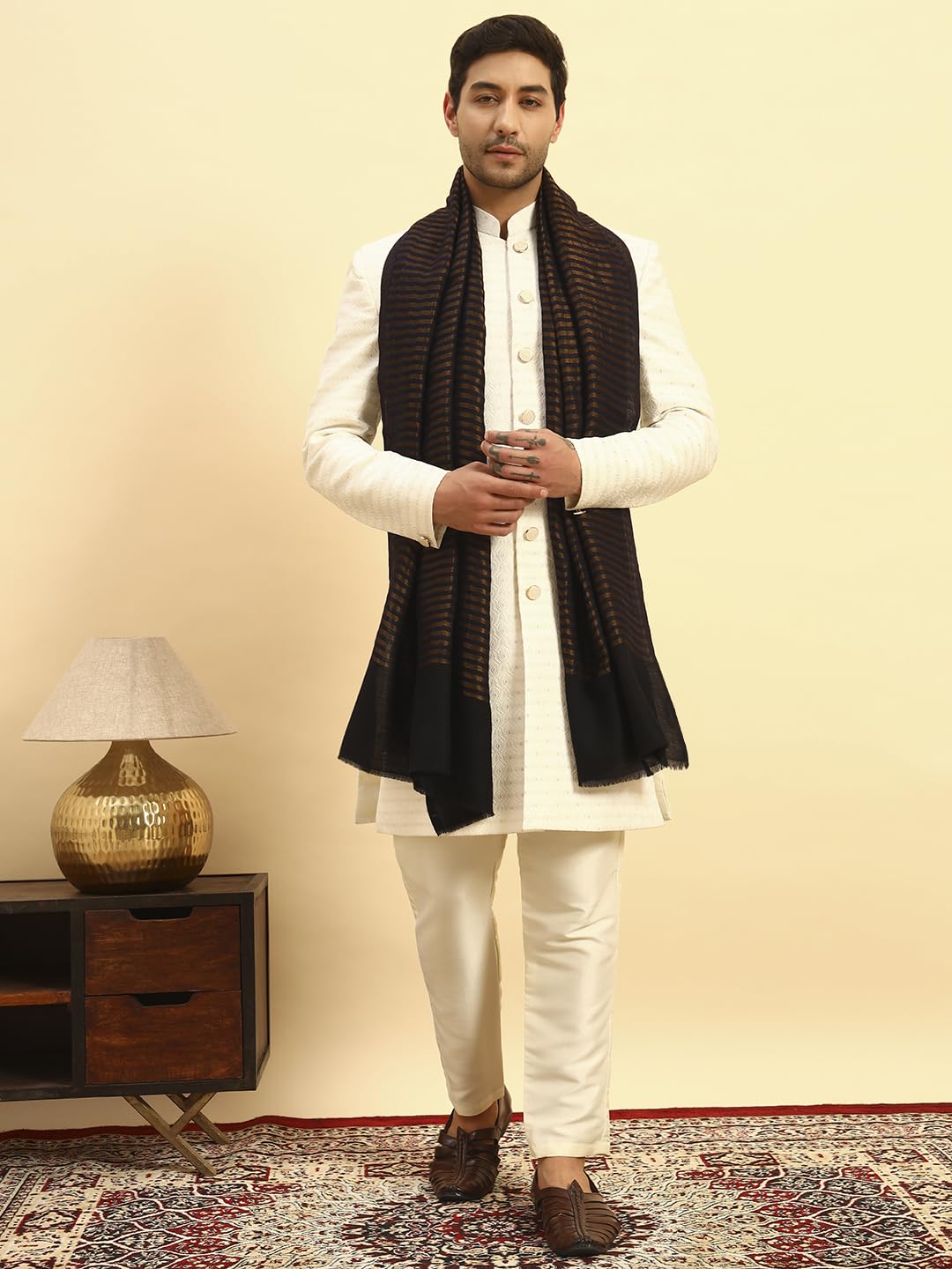 Pashmoda Men Golden Eclipse Reversible Zari Moonlight Fine Wool Stole (Size-28x80in, 71x203cm) MZSST03