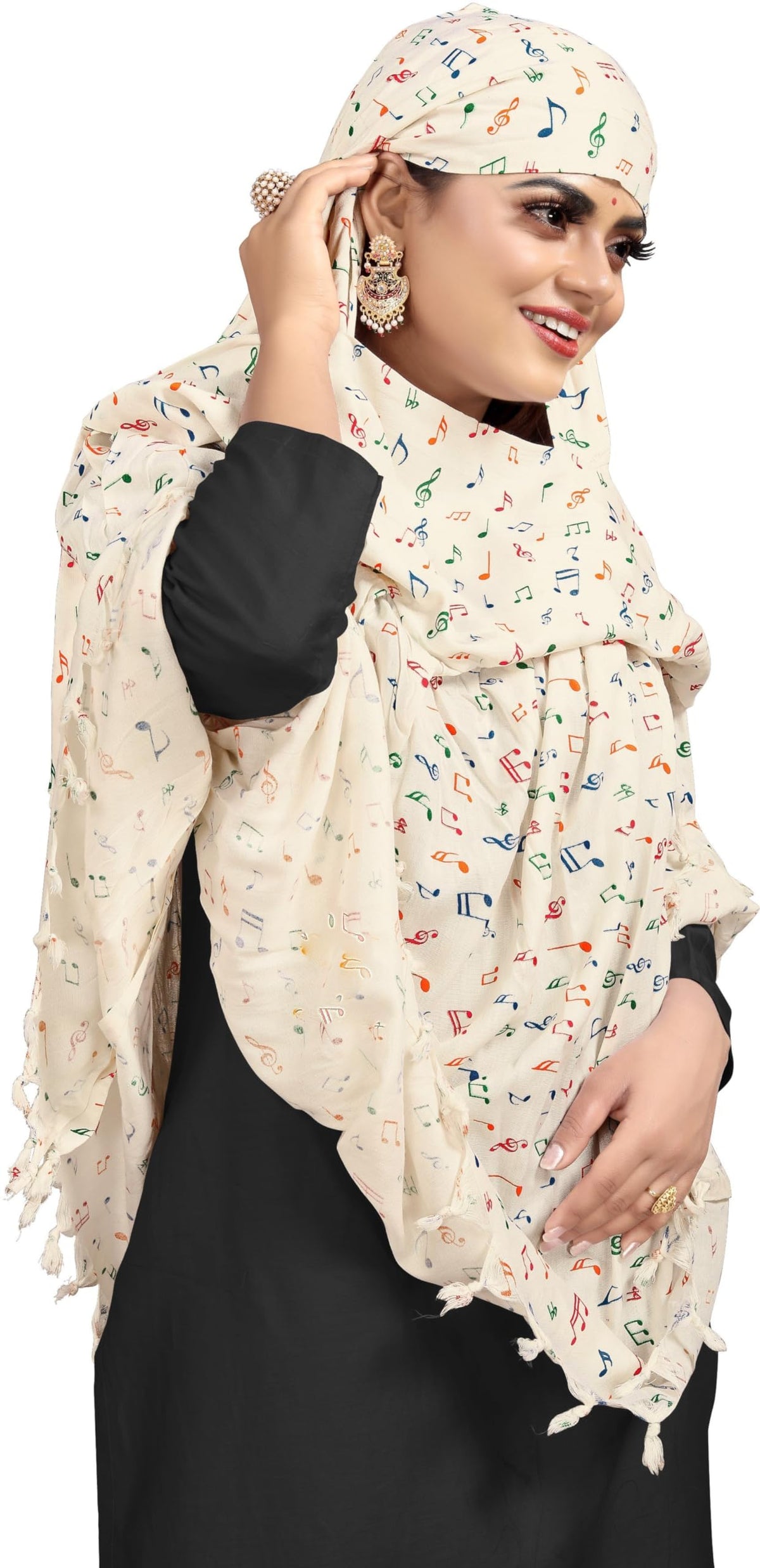 Sclout Cotton Breathable Sun Protection Scarf Cum Mask Usable for vehicle Driver | White Printed Design | Universal Size | For Girl & Women | Light Weight (Music)