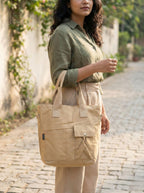 BROGBUS Canvas Tote Bag for Women Office Use, College Girls with Compartment, Khaki