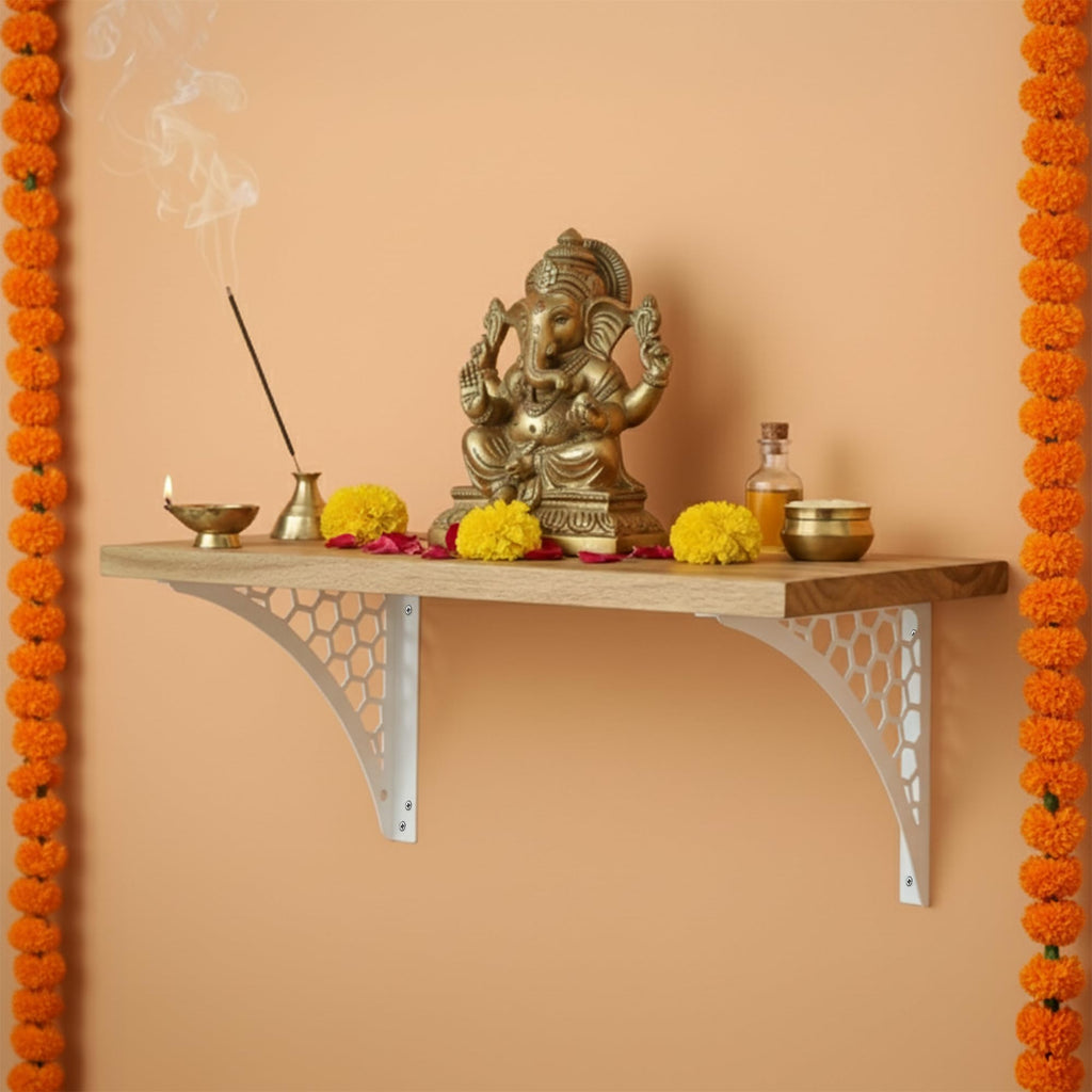 Spillbox Wooden Pooja Home Temple|White Metal Shelf |Wall Mountable|Easy Screw Assembly|Home Temple for Puja Room |Pooja Stand | Mandir-Hexagon (Large White)