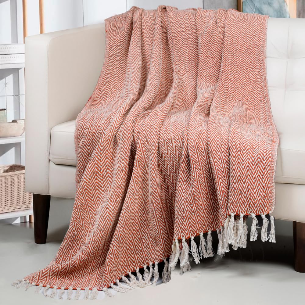 HOMADORN All Season Cotton Woven Throw Blanket for Bed/Sofa 50x70 INCHES (Orange) Kafalo