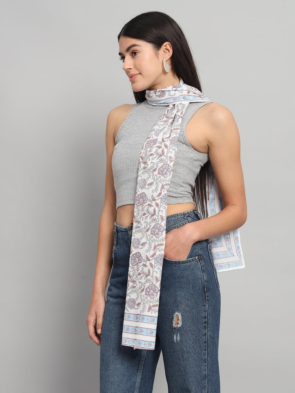 Ravaiyaa - Attitude is everything Women White & Multi Hand Block Floral Printed Cotton Scarf 71 X 21 Inch