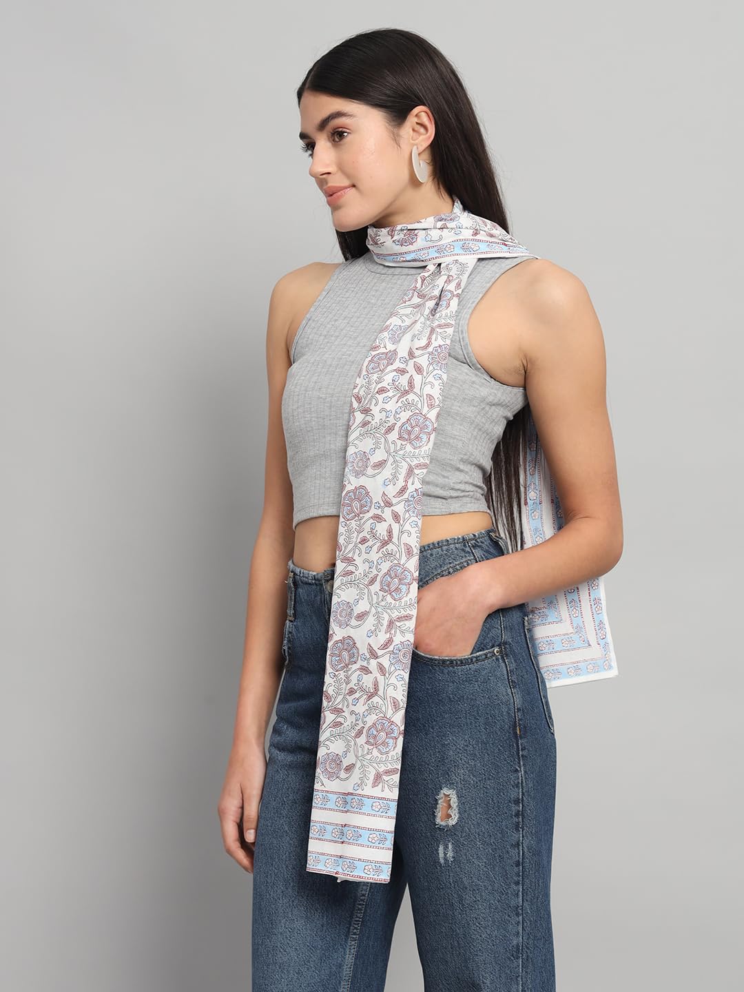 Ravaiyaa - Attitude is everything Women White & Multi Hand Block Floral Printed Cotton Scarf 71 X 21 Inch