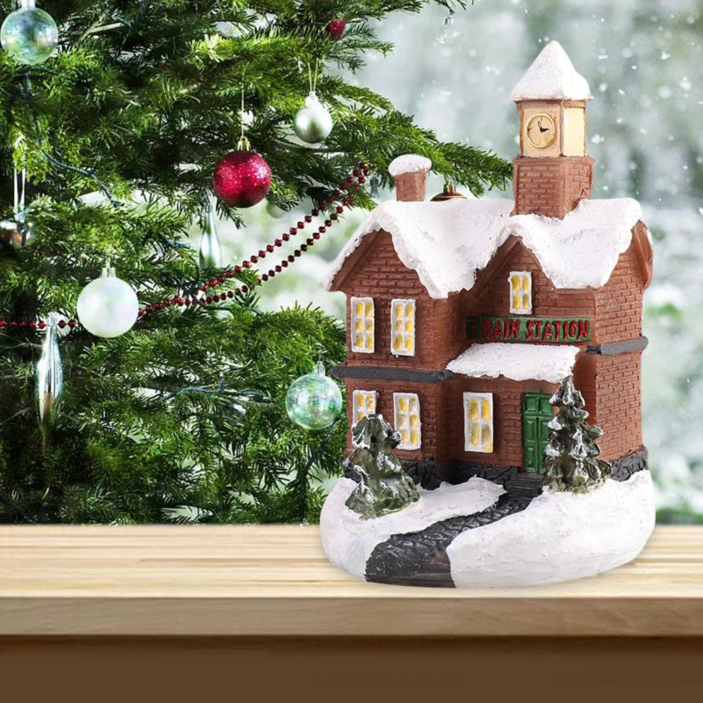ATORSE® Resin Christmas Scene Snow House Led Village Set Desktop Decoration Gift A