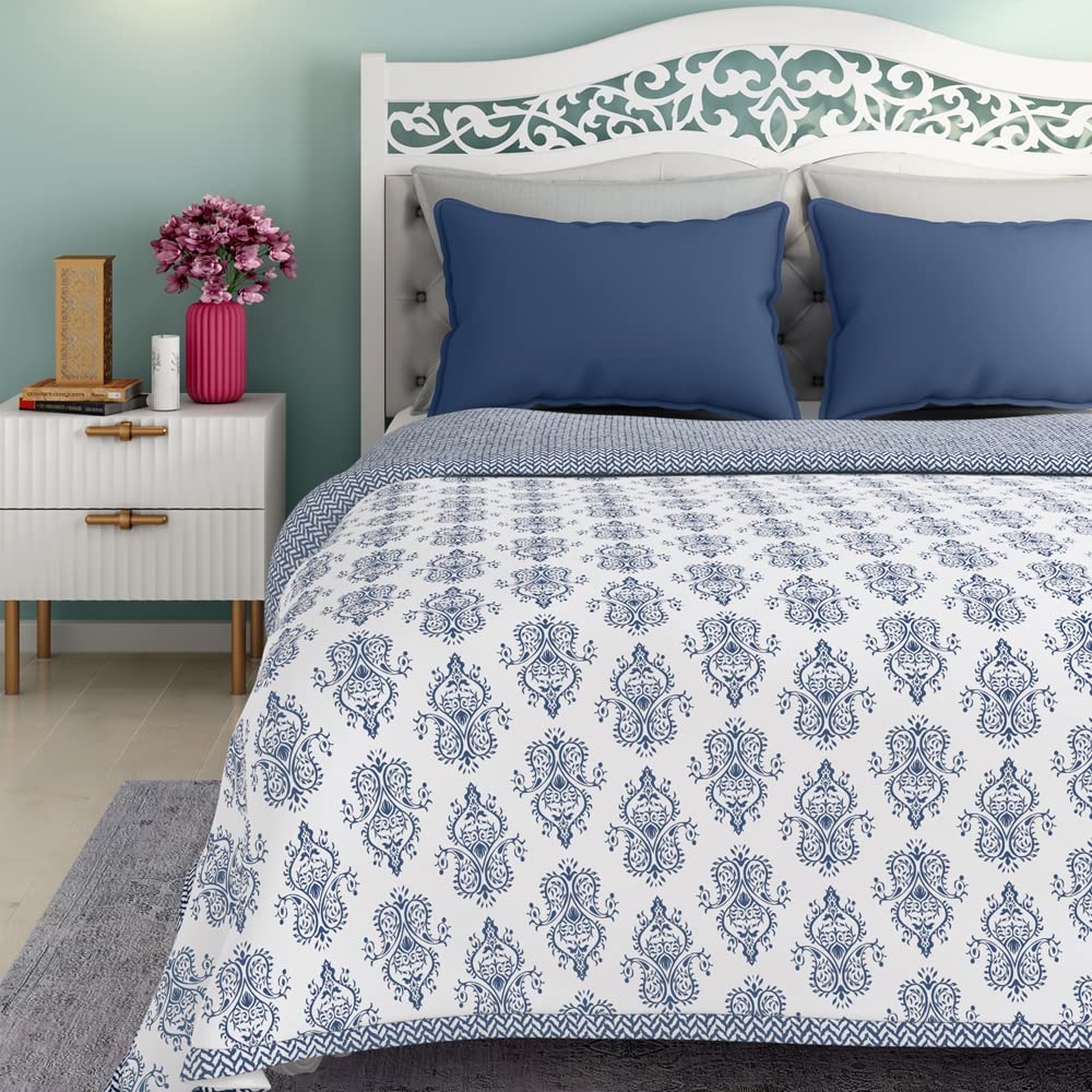Wakefit Dohar Double Bed | 100% Cotton Blanket for Double Size Bed, Quilt | 110 GSM | Reverisible AC Blanket | 90x82 Inches - Susane Blue Kafalo