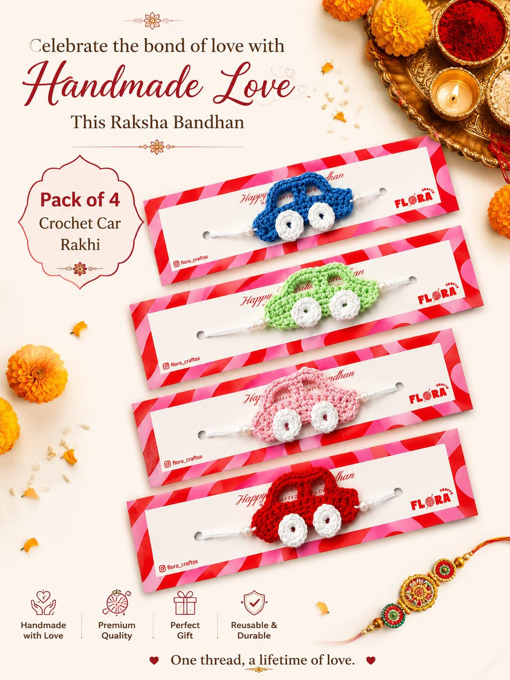 Flora Crafts Handmade crochet rakhi set | Kids Car combo (pack of 04) | Blue Red Pink Green