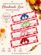 Flora Crafts Handmade crochet rakhi set | Kids Car combo (pack of 04) | Blue Red Pink Green