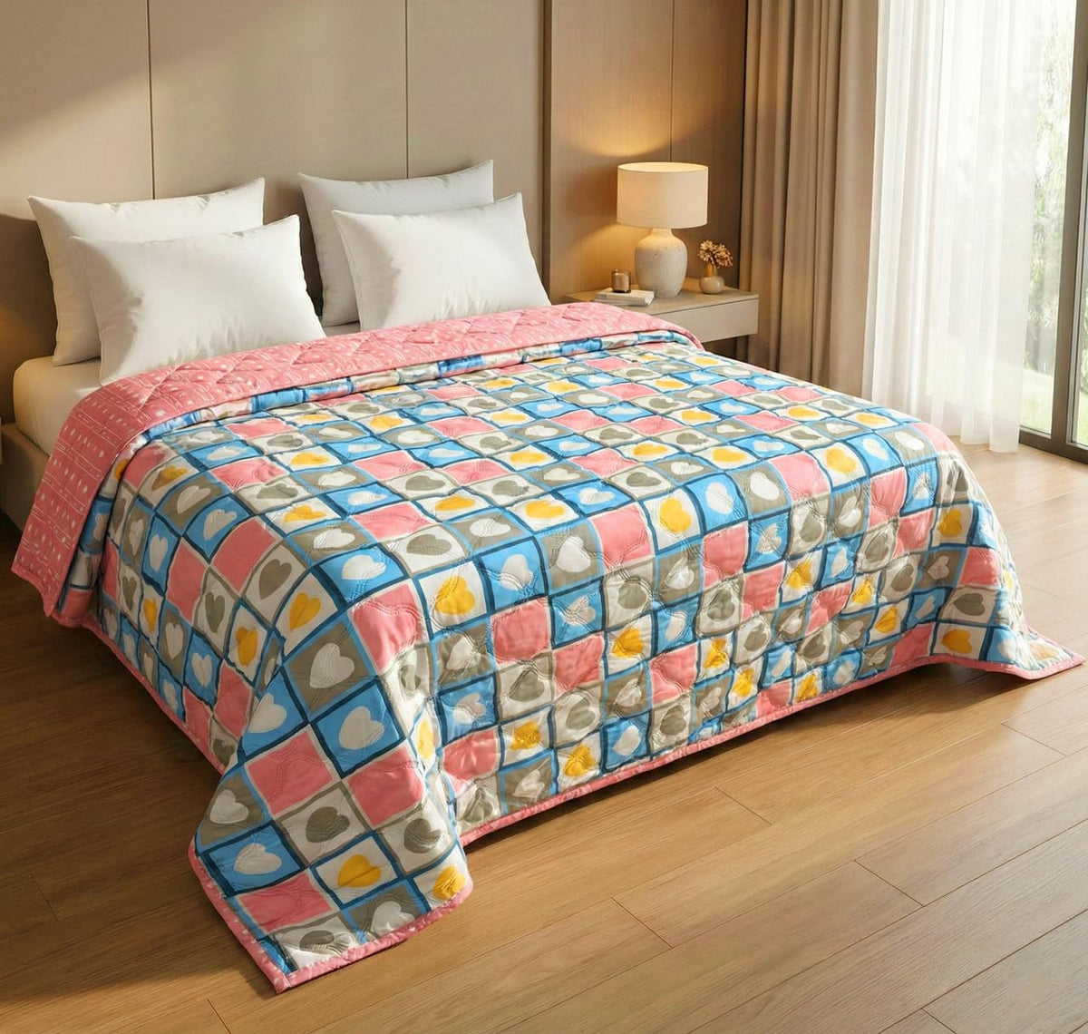 HOMEKART Ultrasonic Quilted AC Comforter 220 GSM (1500g) Premium Microfiber Reversible All-Season Blanket for Double Bed|Ultra Soft, & Lightweight, Quilt/Duvet | Comforter (Pink & Blue 225CMx220CM) Kafalo