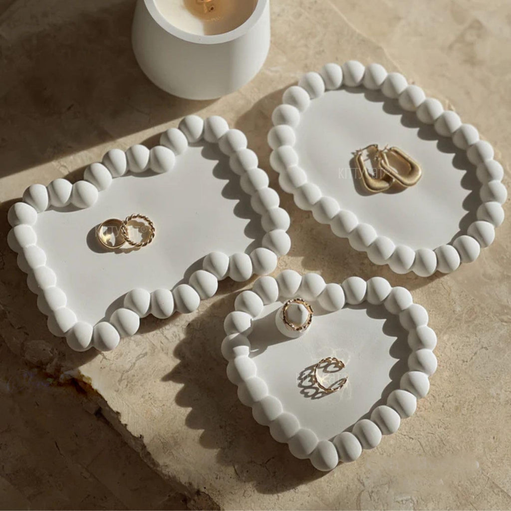Aesthetic Concrete Trinket Tray Set of 3 – Heart, Zigzag, Oval | Handmade Off-White Jewelry Dish, Vanity Tray, Makeup Organizer | Candle Holder, Key Bowl, Home Decor Accent (Bubble-Collection)