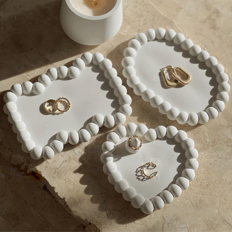 Aesthetic Concrete Trinket Tray Set of 3 – Heart, Zigzag, Oval | Handmade Off-White Jewelry Dish, Vanity Tray, Makeup Organizer | Candle Holder, Key Bowl, Home Decor Accent (Bubble-Collection)