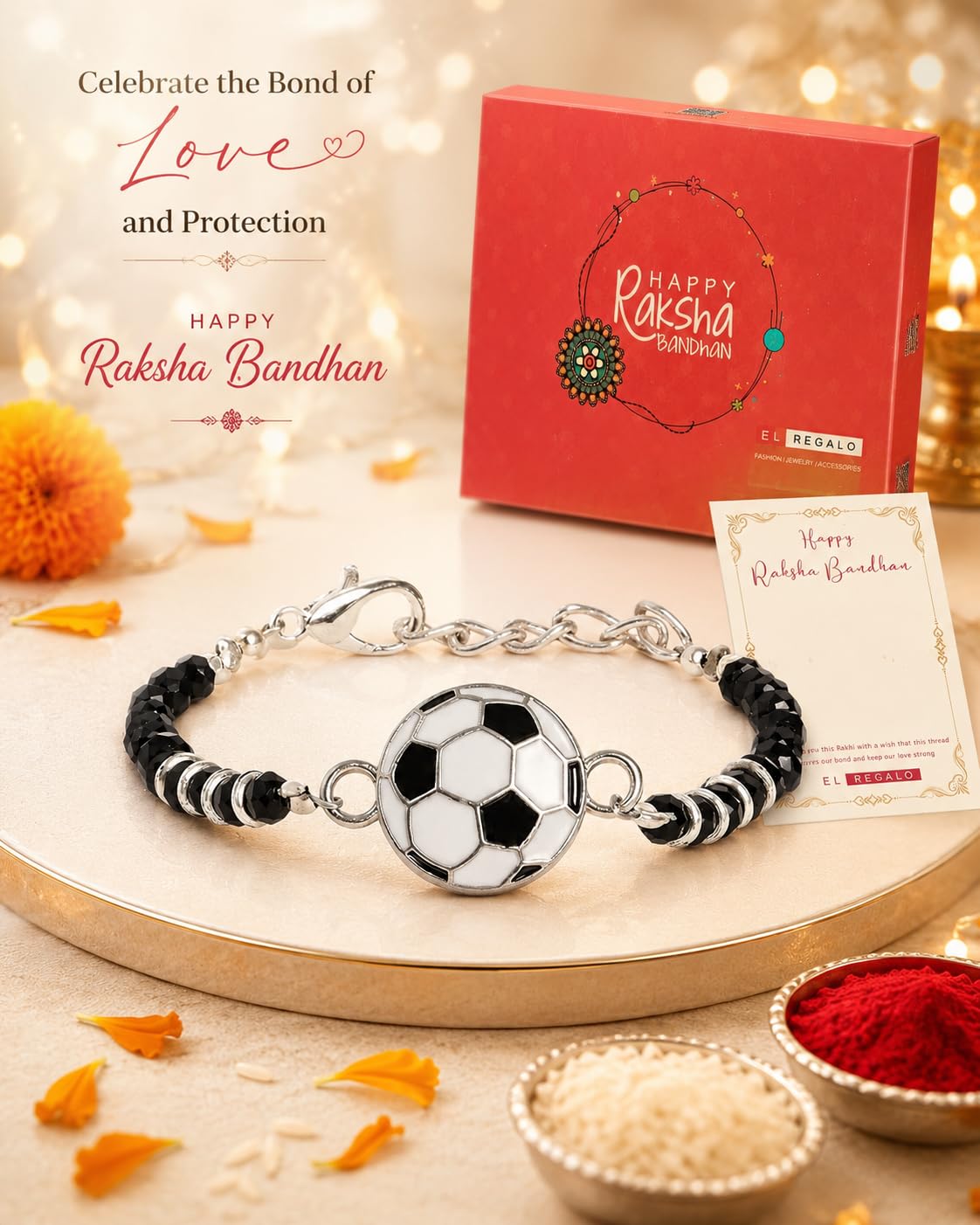 El Regalo Kids Rakhi for Baby Brother - Cute Charms Evil Eye Nazaria Rakhi with shagun, Message Card in Gift Box for Kids/Babies/Toddlers (Football)