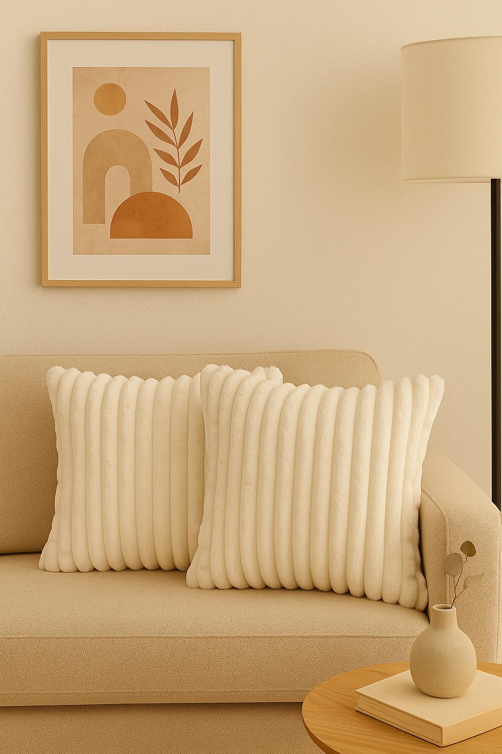 AWARD VELVETS Premium Faux Rabbit Fur Plush Luxury Soft Fluffy Striped Decorative Throw Pillow/Cushion Covers for Sofa, Couch, Living Room - (Off-White, 16 x 16 inch) Set of 2