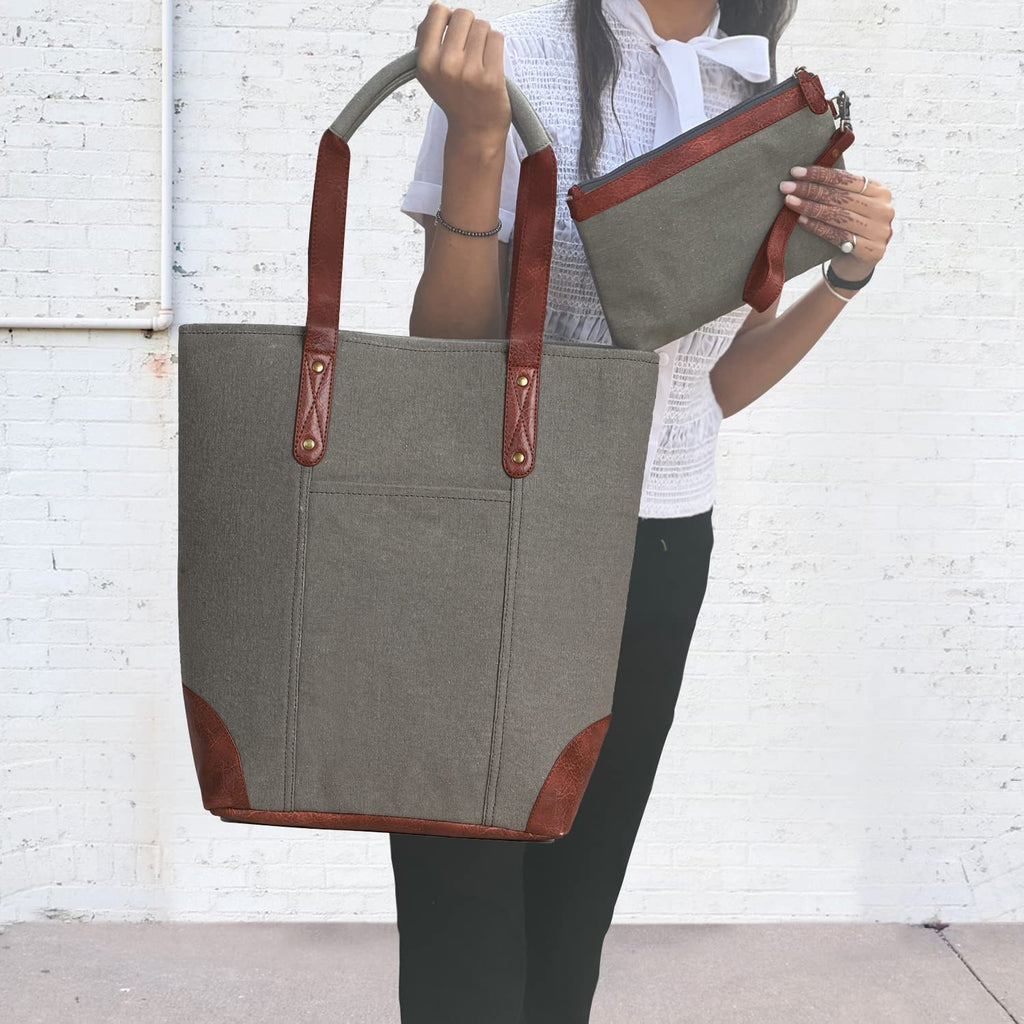 Mona B Canvas Tote Handbag for Women with Pouch perfect for Travel, College and office Use - Grey