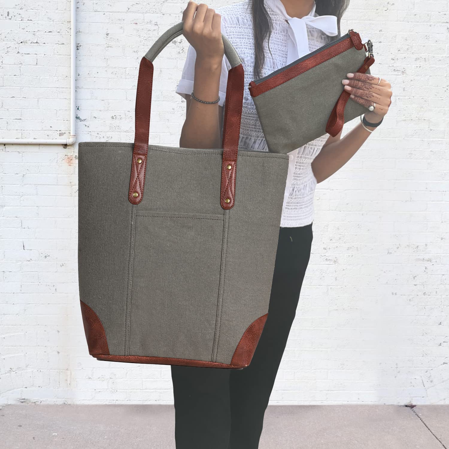 Mona B Canvas Tote Handbag for Women with Pouch perfect for Travel, College and office Use - Grey