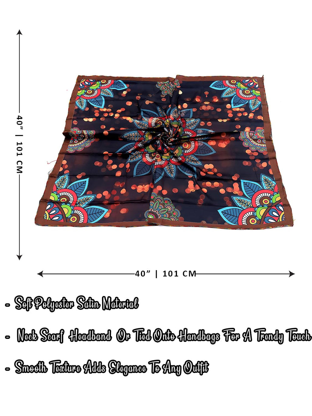 leeza store Women's Dark Navy Blue Silk Scarf For Women – 40X40 Mandala Floral Digital Print, Elegant Soft Satin Wrap, Stylish Neck & Head Accessory