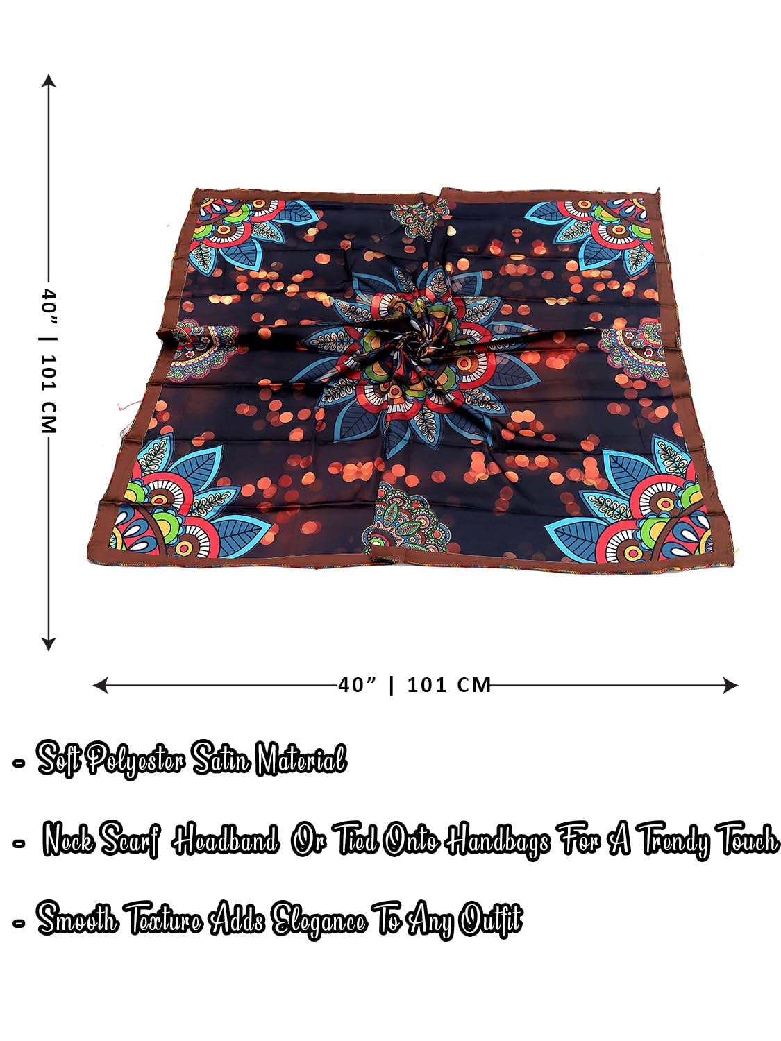 leeza store Women's Dark Navy Blue Silk Scarf For Women – 40X40 Mandala Floral Digital Print, Elegant Soft Satin Wrap, Stylish Neck & Head Accessory