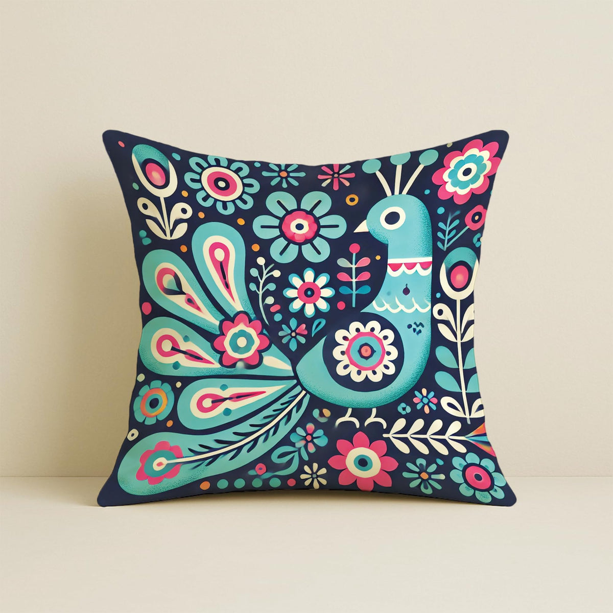 STITCHNEST Folk Art Satin Cushion Covers Peacock & Botanical Motif, 16x16 Inches, Decorative Set for Living Room (Pack of 5)