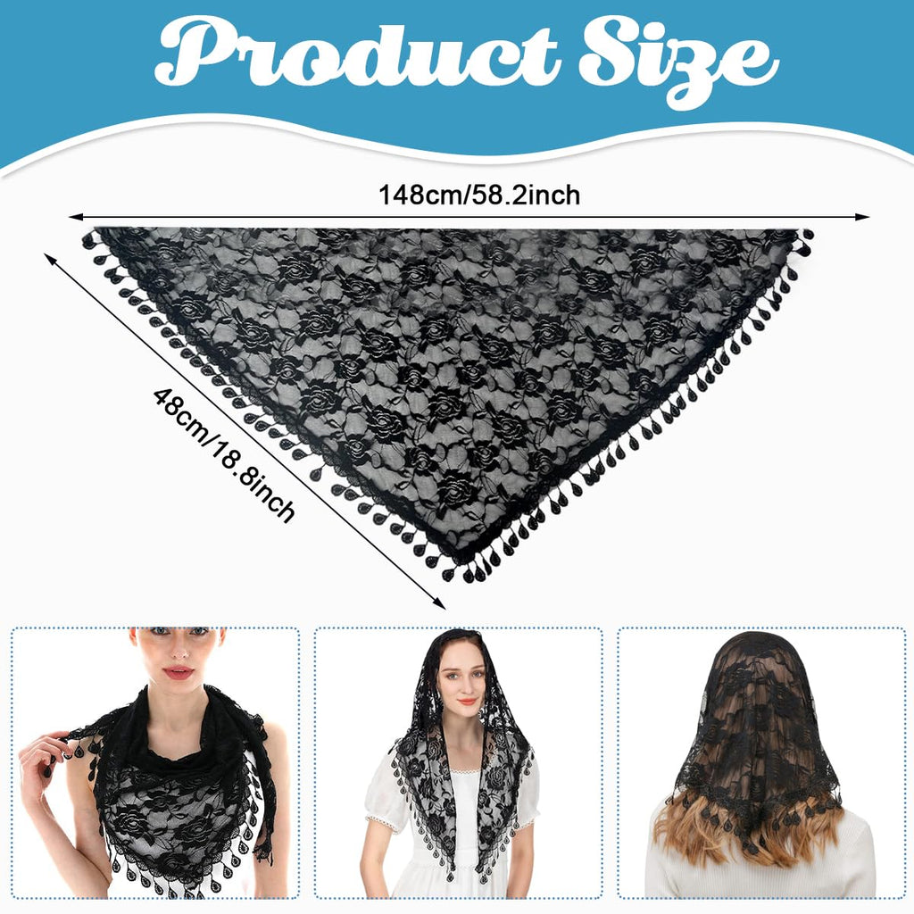 PALAY Triangle Lace Veil for Church, Black Mantilla Scarf Rose Tassel