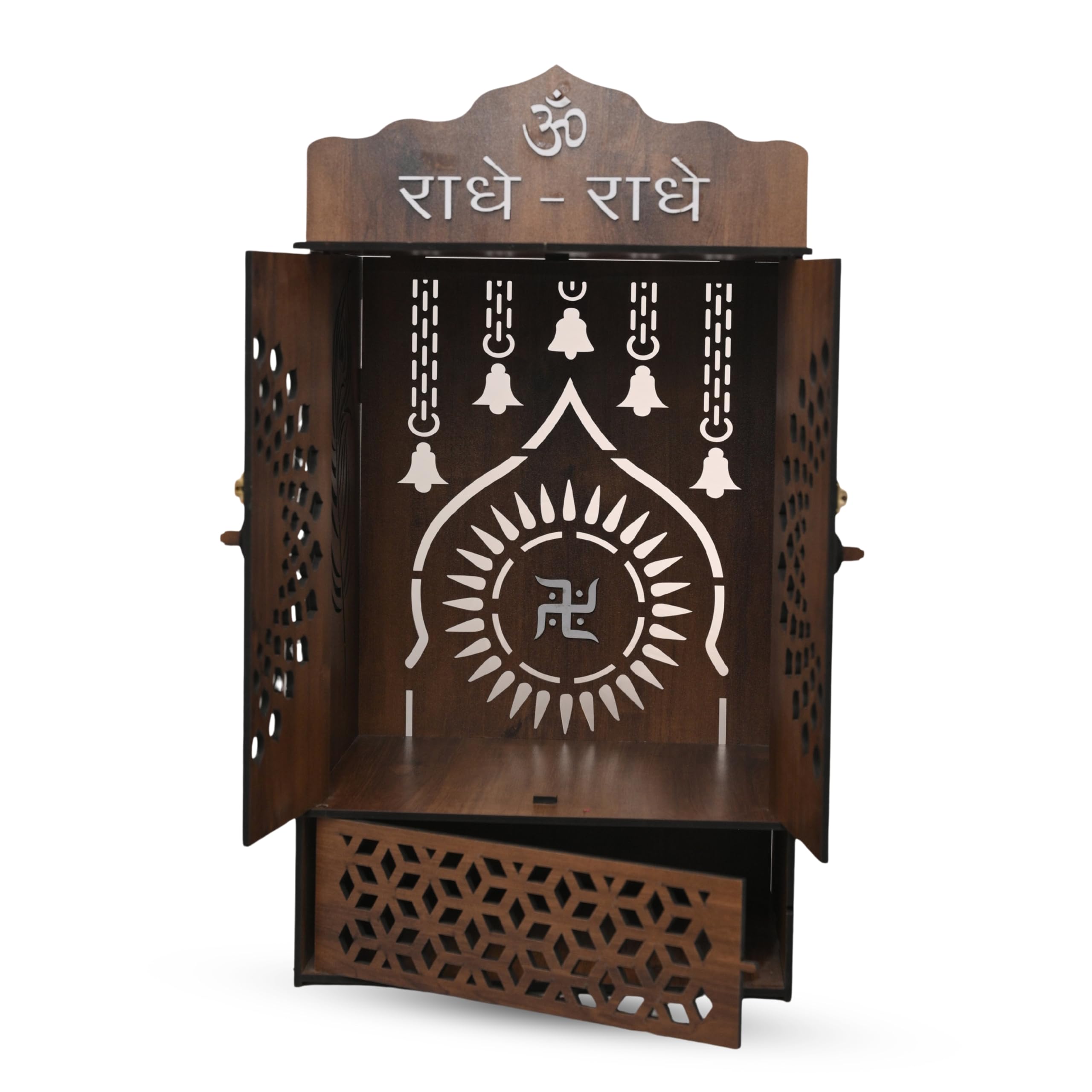 Venlay Wood Premium Wooden Home Mandir with Openable Doors & Storage Drawer - Walnut Brown Finish Pooja Ghar Featuring Silver Radhe-Radhe & Om Accents - Compact Wall Hanging & Desktop Temple