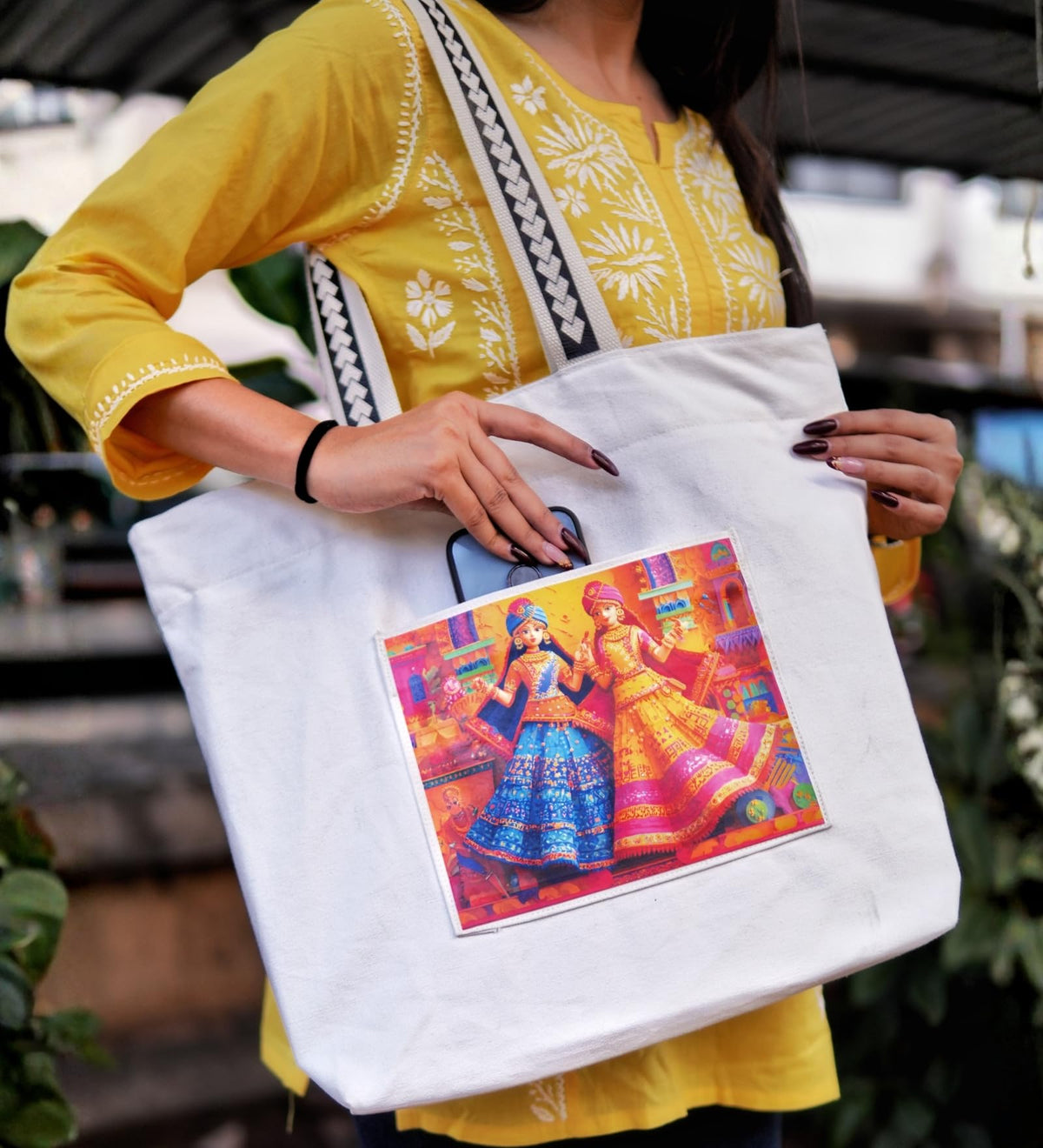WOTM On The Move Tote | Premium Printed Cotton Canvas Tote Bag with Zipper & Inside Pocket, Stylish Everyday Travel Bag for Work, College, Office, Travel, Shopping (Indian Beauty)