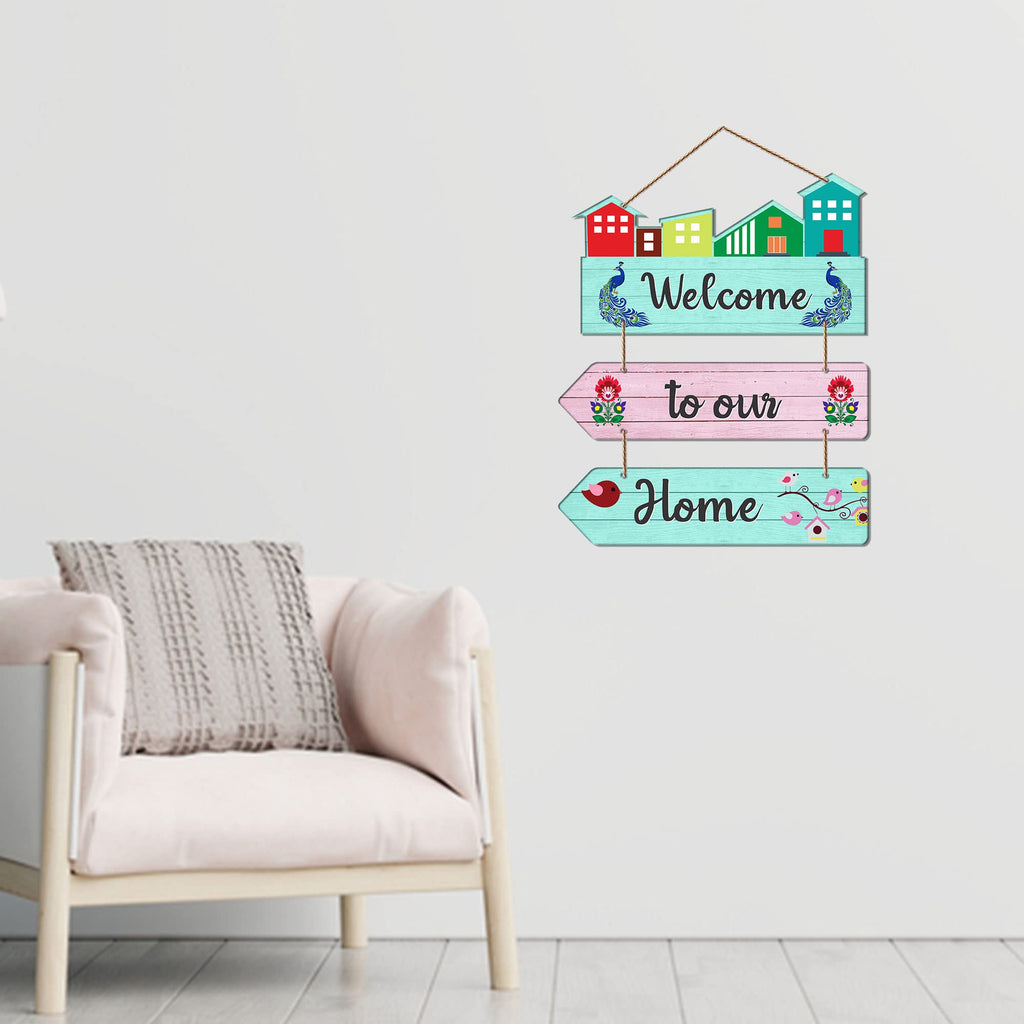 Artvibes Welcome To Our Home Wooden Wall Hanger for Gateway | Quotes Decor Item | Door Quotes Hanging | Wall Poster | Wall Art Print | Gift Items for Home Decor | Wall Accent | Modern Decor (WH_5806N)