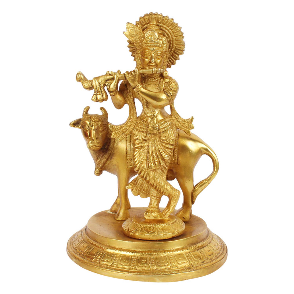 ARTVARKO Brass Krishna Playing Flute with Cow Idol Sculpture Home Decor for Living Room Pooja Gift Item (LxBxH 5x5x7.5 Inch 2 Kg)