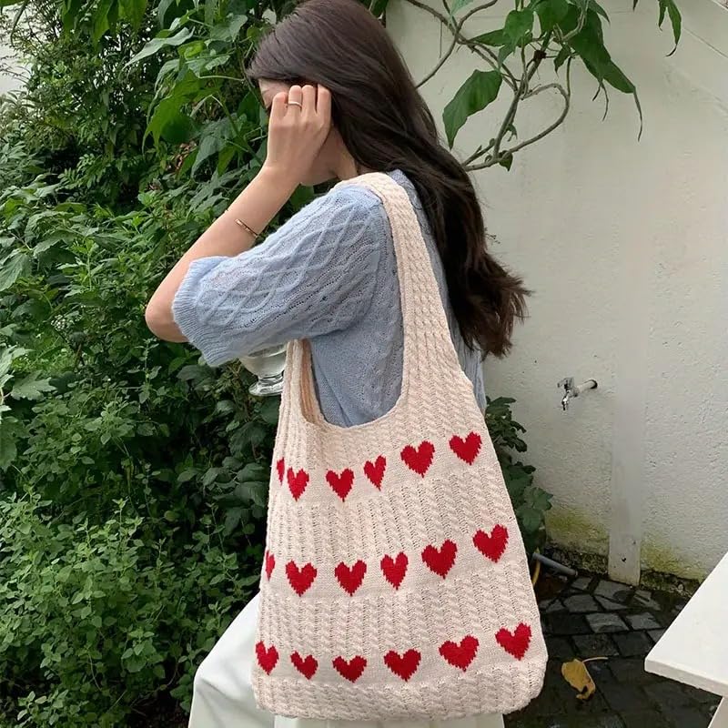 Kawn® Premium Knitted Heart Pattern Tote Bag Large Stylish and Durable Trendy bag for Everyday Use Beach Shopping Travel Work – Comfortable and Trendy Design (Beige)