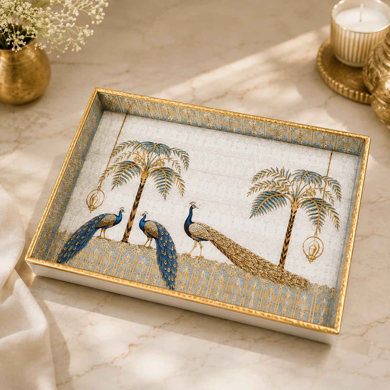 Pavitra Uphaar Peacock Serving Tray, Handcrafted Solid Wood Decorative Tray, Blue & Gold Indian Heritage Design, Tea & Snack Serving Platter, Coffee Table Tray, Housewarming & Festive Gift