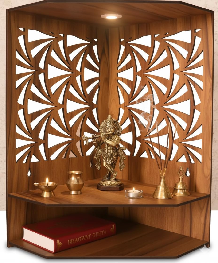 Royal Walnut Finish Wooden Pooja Mandir | Wall Mounted Home Temple with LED Lights & Spacious Storage | Premium Handcrafted Puja Unit (37.5 * 29 * 25 CM) (Large) A7