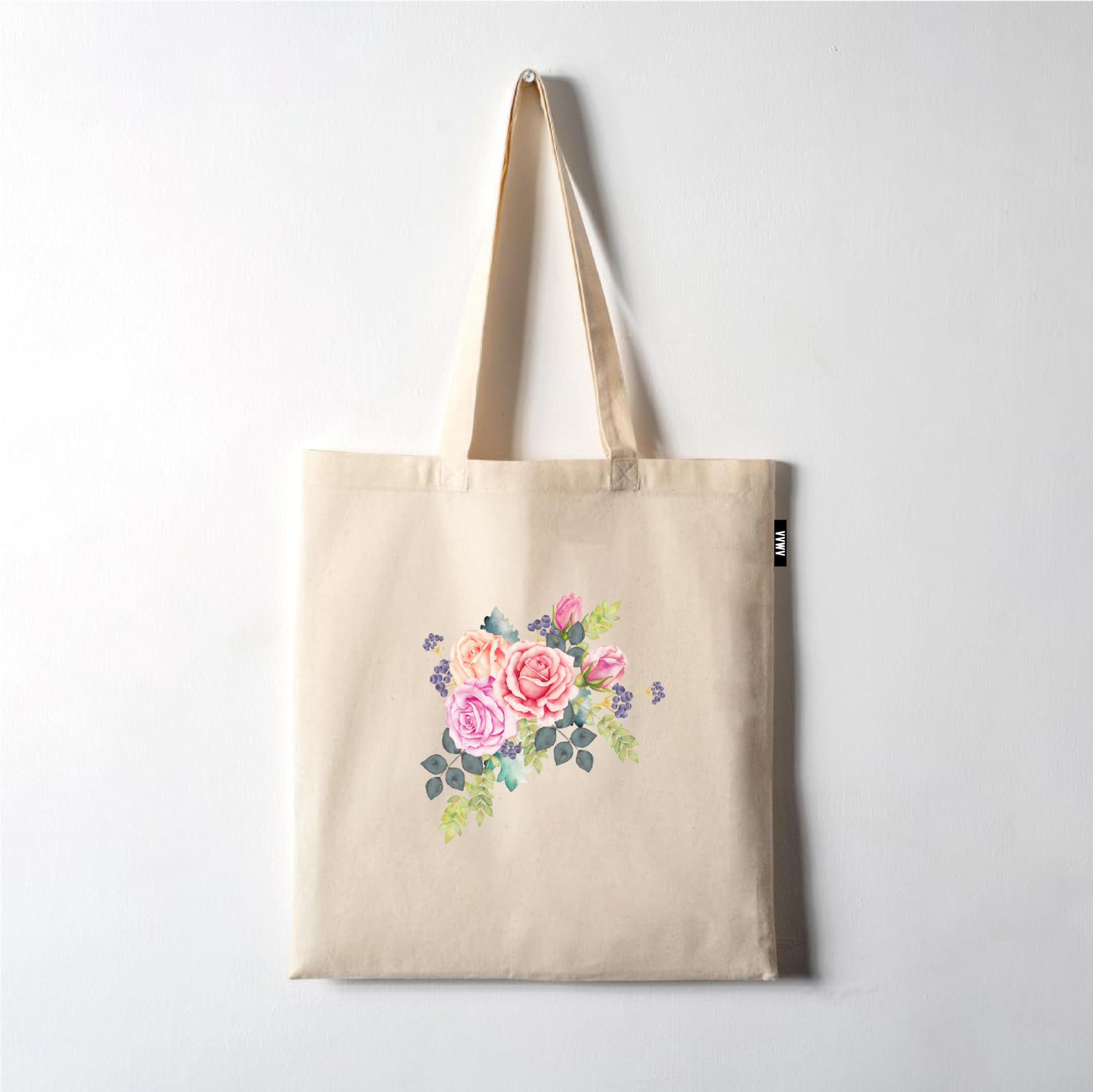VVWV Beautiful Pink Rose Printed Reusable Tote Bags | 100% Organic Cotton Shopping/Grocery Bag | Multi-Purpose Bag | Sturdy Canvas Bag with 15kgs Capacity (13 x 15.7 Inch)