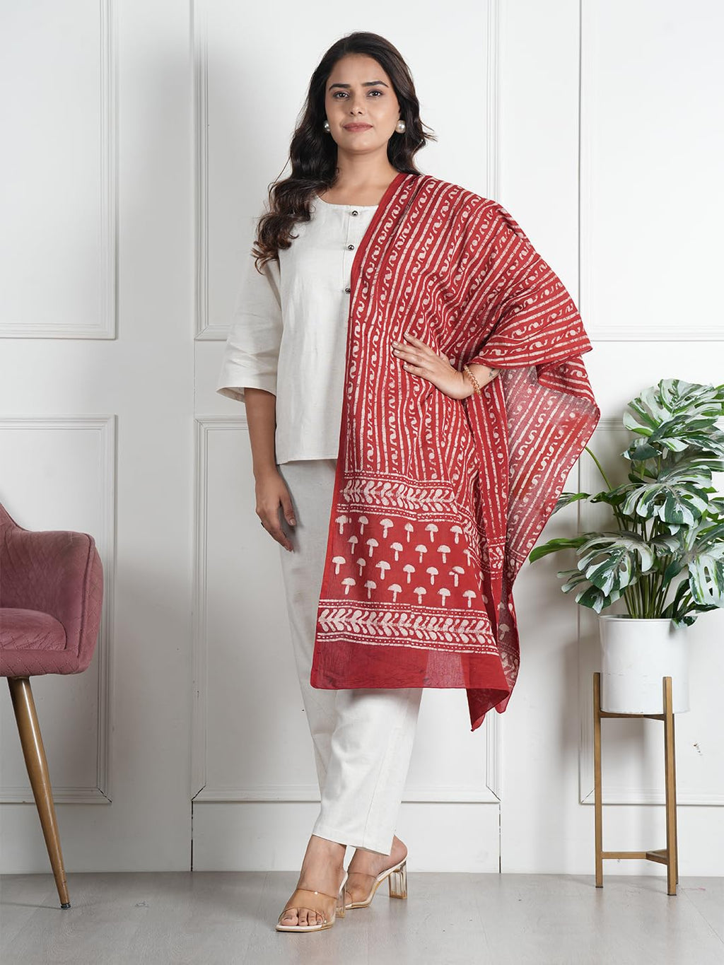 RAI SAHAB Women's Cotton Hand Block Printed Casual Stoles/Scarf(ST-60RED10)