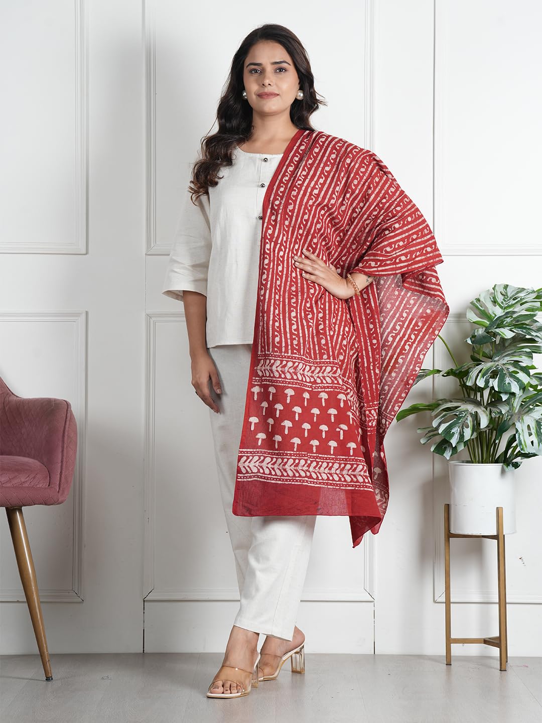 RAI SAHAB Women's Cotton Hand Block Printed Casual Stoles/Scarf(ST-60RED10)