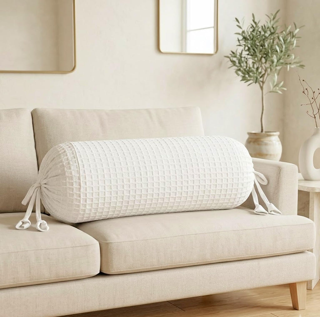 SAJAVAT HOME Cotton Waffle Bolster Cover Pack of 1 | Textured Side Pillow Cover for Sofa, Bed & Diwan | Soft Breathable Round Cushion Cover | White