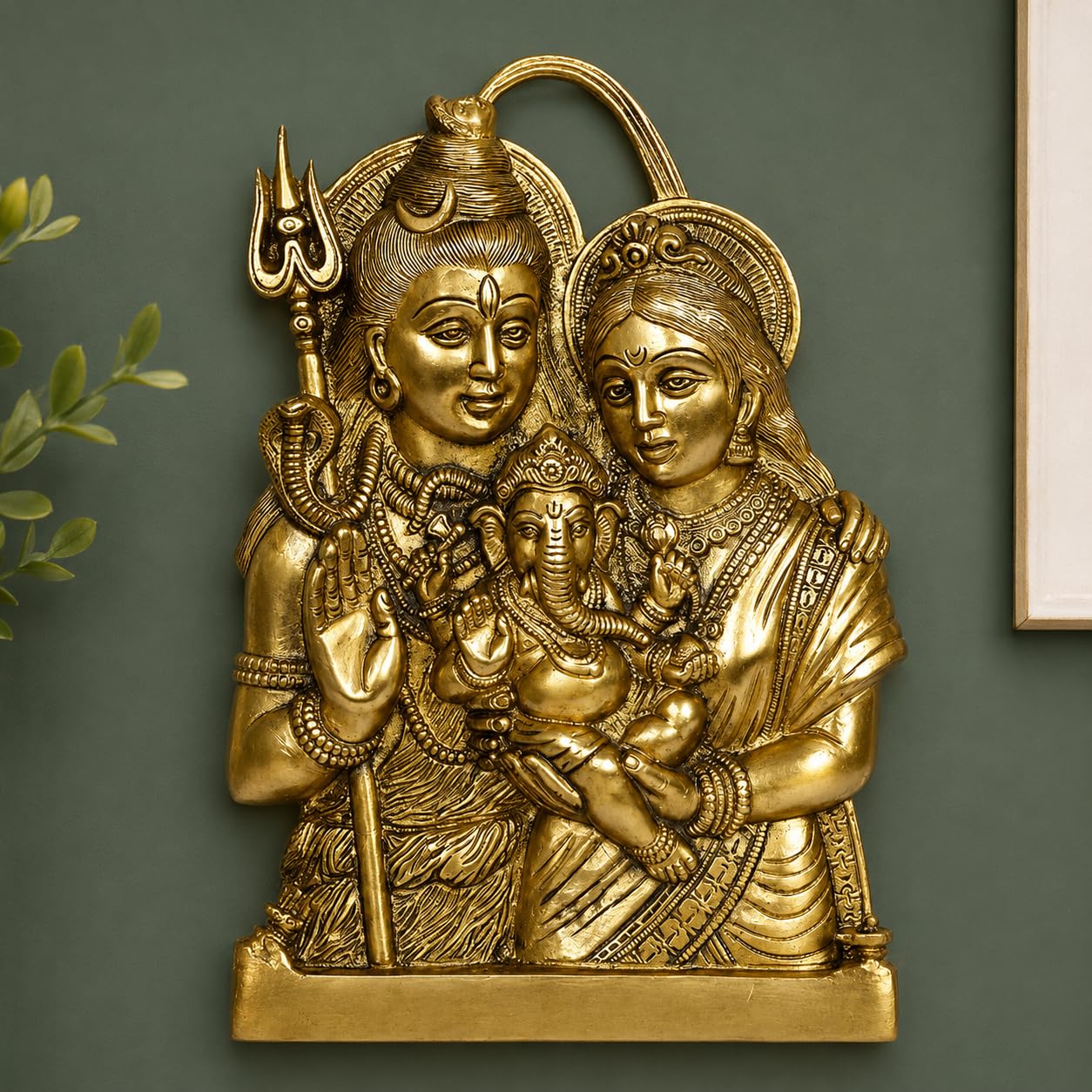 ARTVARKO Brass Shiv Parvati with Ganesha Idol Shiva Parwati Ganesha Wall Door Hanging for Puja Home Office Decor Entrance Gift. 11.5 Inch