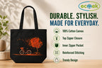ECOEK Stylish Canvas Tote Bag for Women, Reusable Trendy Zipper Handbag with Pocket, Lightweight Aesthetic Cotton Tote for College, Office, Travel & Daily Use-Cycle Black