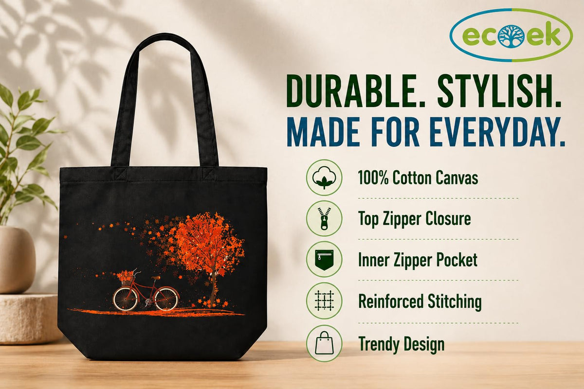 ECOEK Stylish Canvas Tote Bag for Women, Reusable Trendy Zipper Handbag with Pocket, Lightweight Aesthetic Cotton Tote for College, Office, Travel & Daily Use-Cycle Black