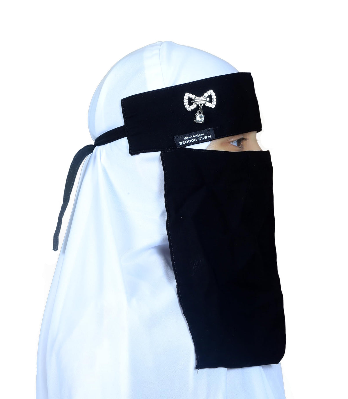 AL RIDHA Women's Babussalam Fabric Fashion Nosepiece One‑Layer Half Hijab Pendant Design Saudi Niqab for Muslim Women and Girls, Black (Silver Bow Pendant)