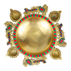 ARTVARKO™ Brass Peacock Design Traditional Multicolor Stone Urli with Diyas and Bells Flowers Bowl Showpiece Home Office Gift 13 Inch