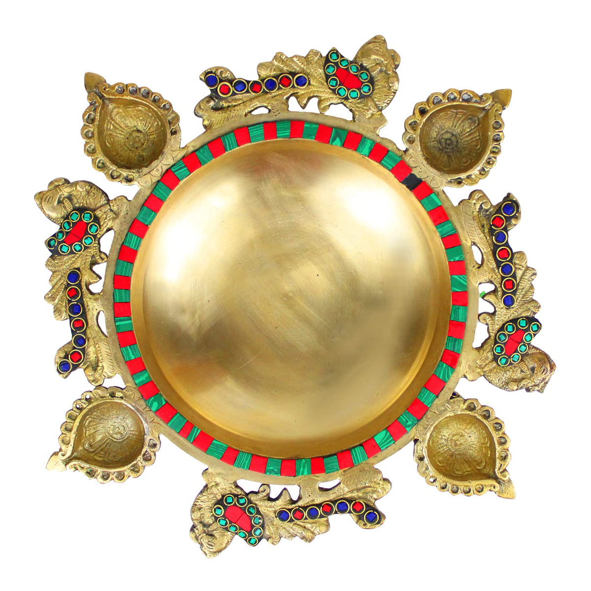 ARTVARKO™ Brass Peacock Design Traditional Multicolor Stone Urli with Diyas and Bells Flowers Bowl Showpiece Home Office Gift 13 Inch