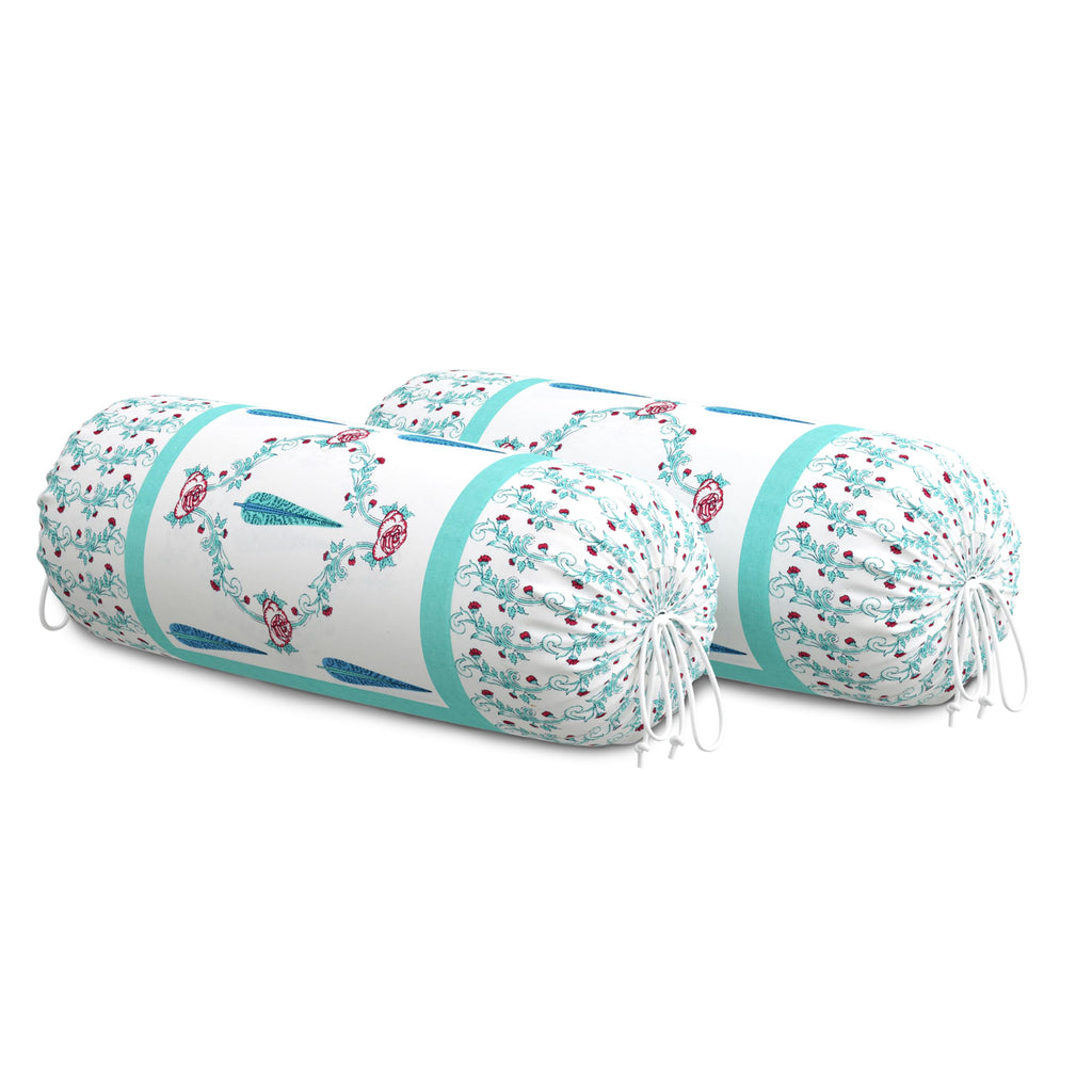 BLOCKS OF INDIA Cotton Hand Block Printed Bolster Cover | Booster Cover with Drawstring | Round Long Pillow Cover for Bed | Dewan Pillow Cover Set 16 X 32 | Set of 2 (Turq Patti)