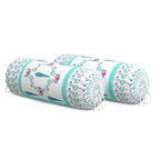 BLOCKS OF INDIA Cotton Hand Block Printed Bolster Cover | Booster Cover with Drawstring | Round Long Pillow Cover for Bed | Dewan Pillow Cover Set 16 X 32 | Set of 2 (Turq Patti)