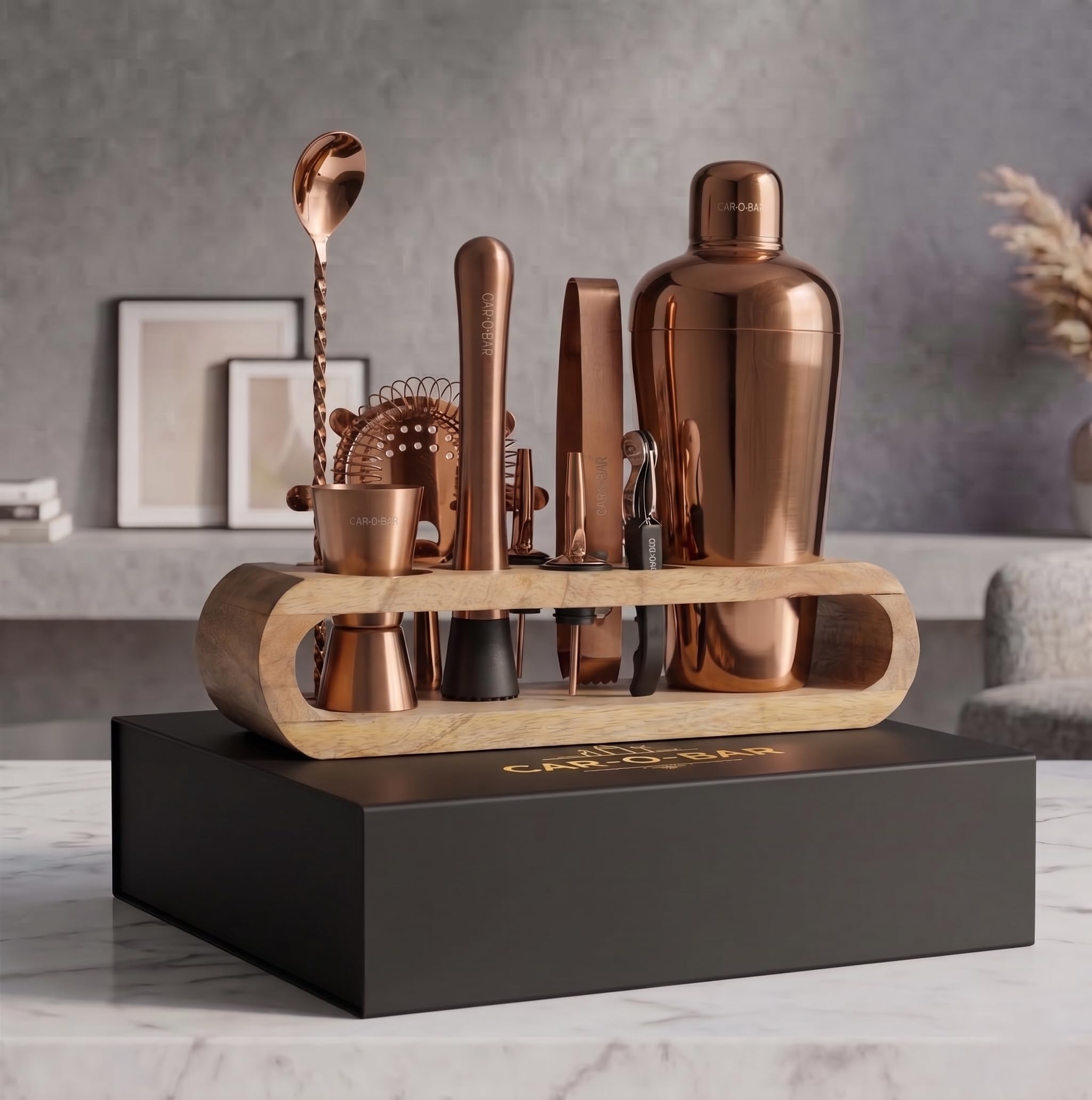 Car-O-Bar Copper Gold Bar Set with Stand | 10 Piece Bartender Kit :Cocktail Shaker, Bar Spoon, Jigger, Muddler, Strainer, Wine & Beer Bottle Opener, 2 Pour Spouts, Tong, Wooden Stand